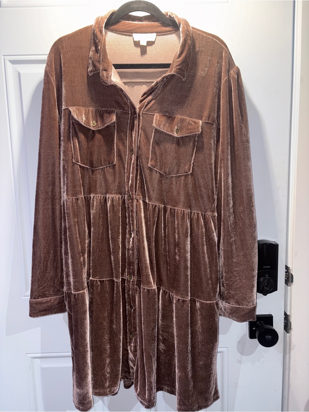 Umgee Brown Velvet Tiered Long-Sleeve Shirt Dress